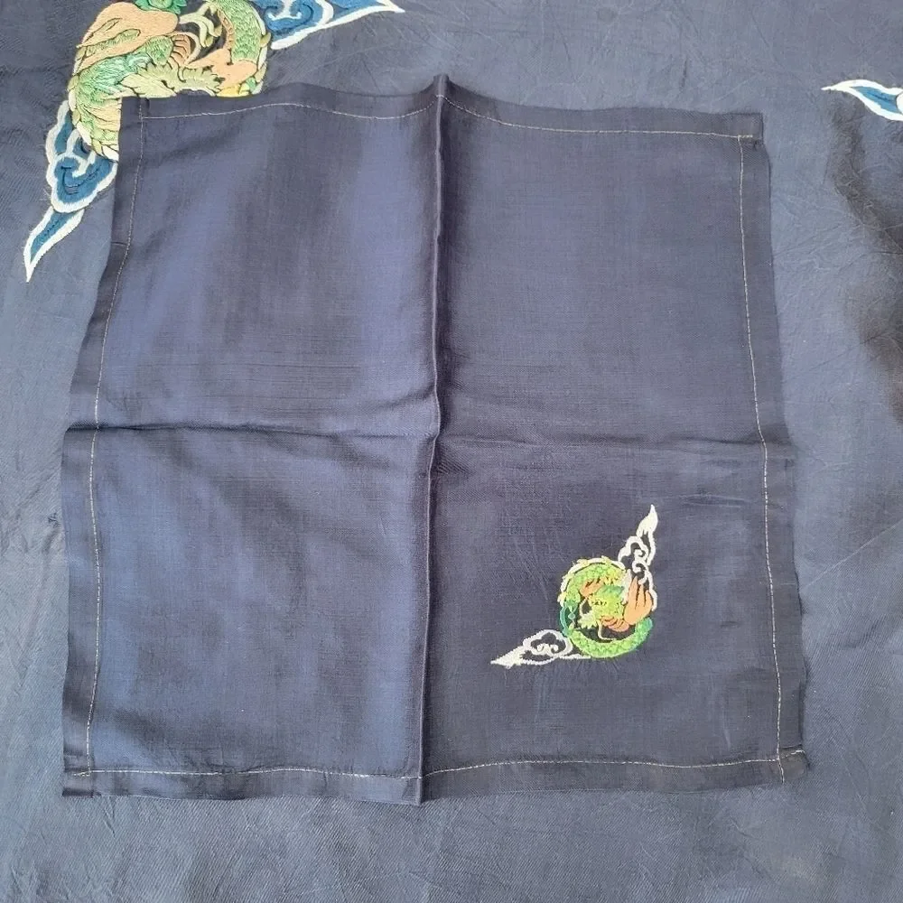 Silk Asian Fire Dragon Table Blue Embroidered Table Scarf and 4 Napkins